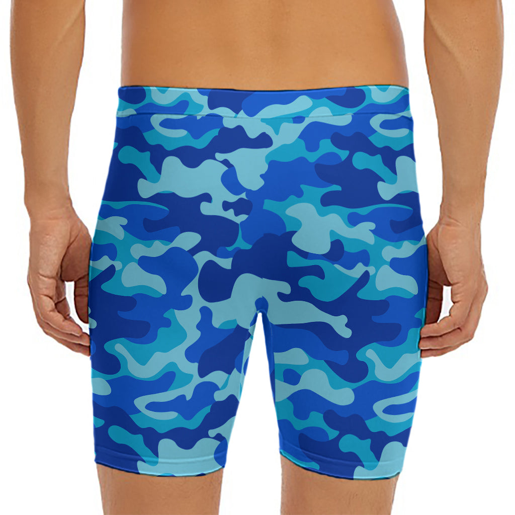 Blue Camouflage Print Men's Long Boxer Briefs