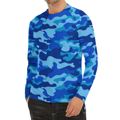 Blue Camouflage Print Men's Long Sleeve Rash Guard