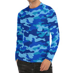 Blue Camouflage Print Men's Long Sleeve Rash Guard