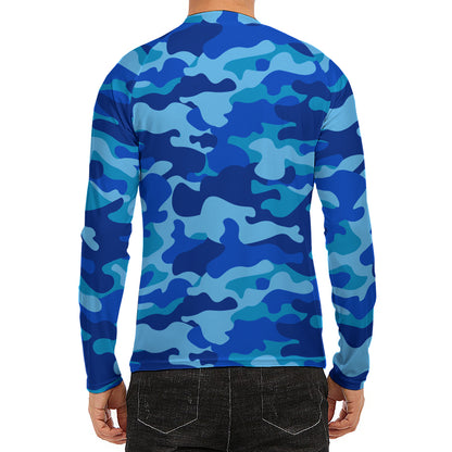 Blue Camouflage Print Men's Long Sleeve Rash Guard