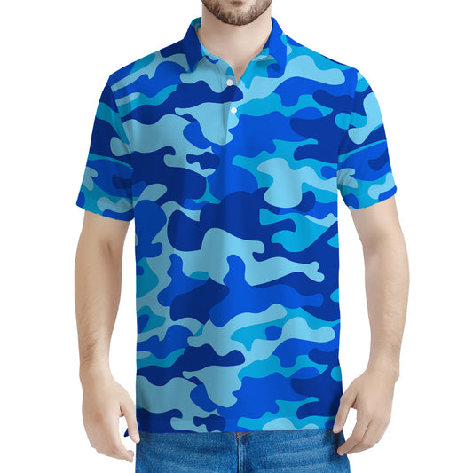 Blue Camouflage Print Men's Polo Shirt