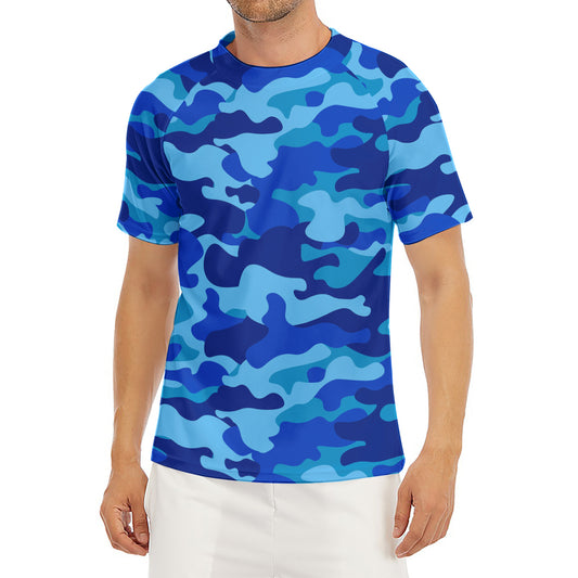 Blue Camouflage Print Men's Short Sleeve Rash Guard