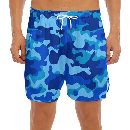 Blue Camouflage Print Men's Split Running Shorts