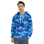 Blue Camouflage Print Men's Velvet Pullover Hoodie