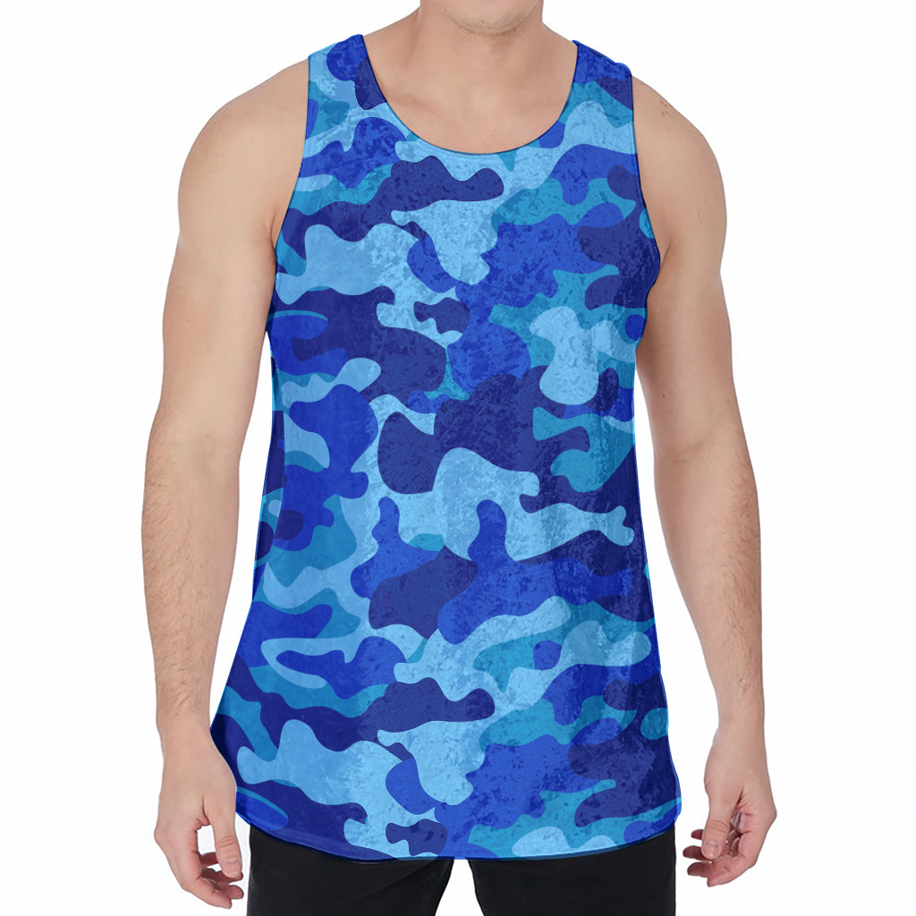 Blue Camouflage Print Men's Velvet Tank Top
