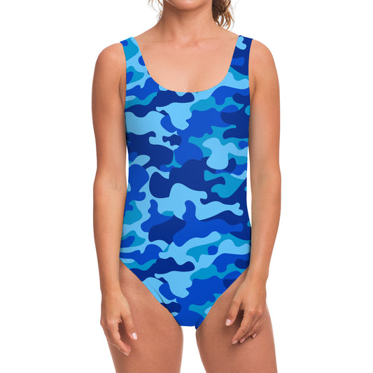 Blue Camouflage Print One Piece Swimsuit