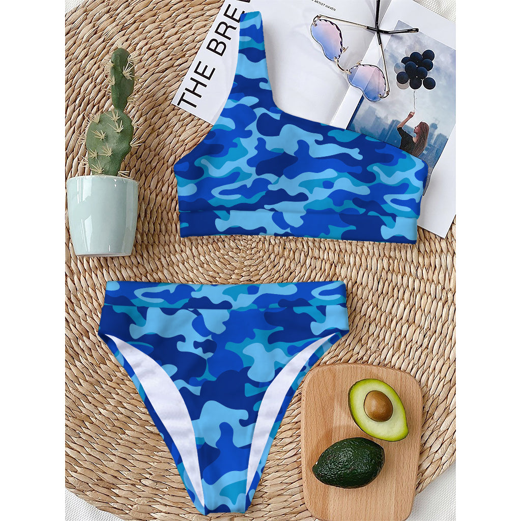 Blue Camouflage Print One Shoulder Bikini Top