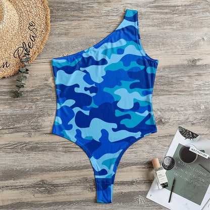 Blue Camouflage Print One Shoulder Bodysuit