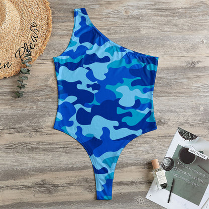 Blue Camouflage Print One Shoulder Bodysuit
