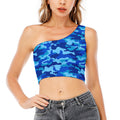 Blue Camouflage Print One Shoulder Crop Top