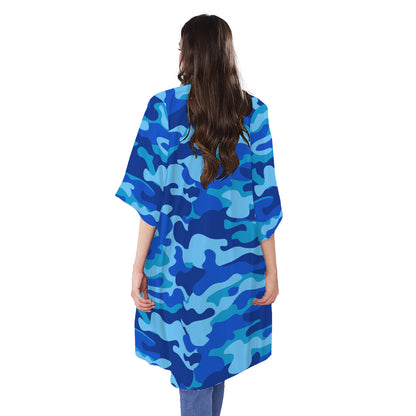 Blue Camouflage Print Open Front Beach Cover Up