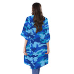 Blue Camouflage Print Open Front Beach Cover Up