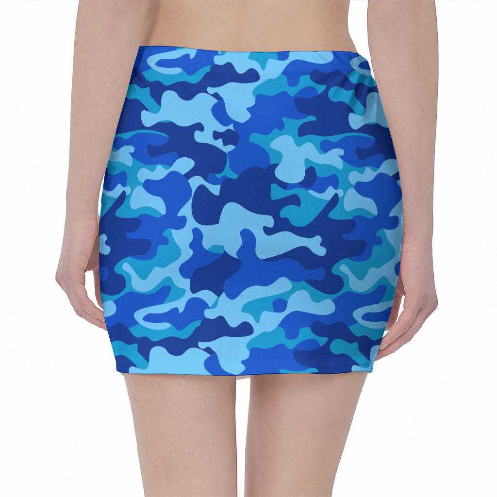 Blue Camouflage Print Pencil Mini Skirt