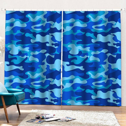 Blue Camouflage Print Pencil Pleat Curtains