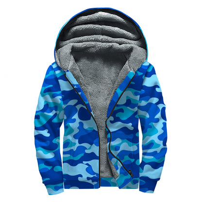 Blue Camouflage Print Sherpa Lined Zip Up Hoodie