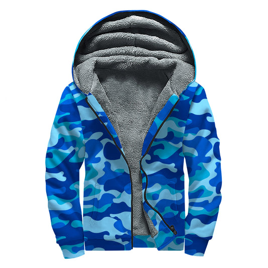 Blue Camouflage Print Sherpa Lined Zip Up Hoodie