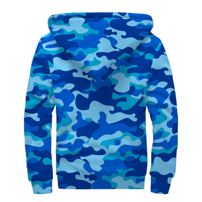 Blue Camouflage Print Sherpa Lined Zip Up Hoodie