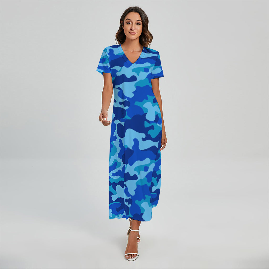 Blue Camouflage Print Short Sleeve Maxi Dress