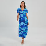 Blue Camouflage Print Short Sleeve Maxi Dress