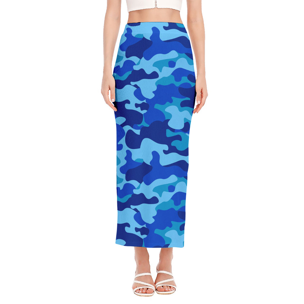 Blue Camouflage Print Side Slit Maxi Skirt