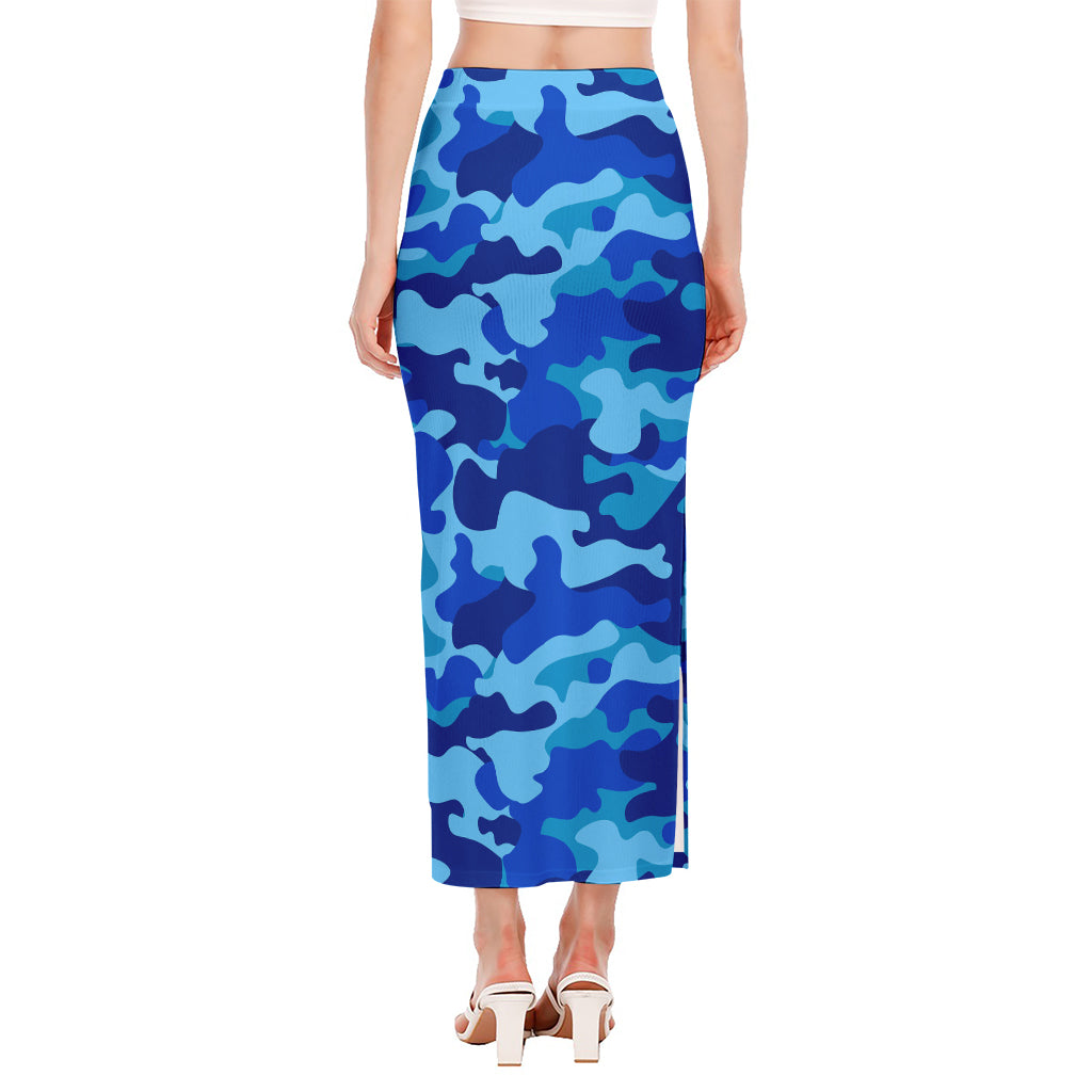 Blue Camouflage Print Side Slit Maxi Skirt