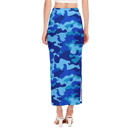 Blue Camouflage Print Side Slit Maxi Skirt