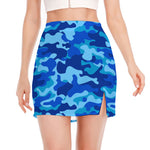 Blue Camouflage Print Side Slit Mini Skirt