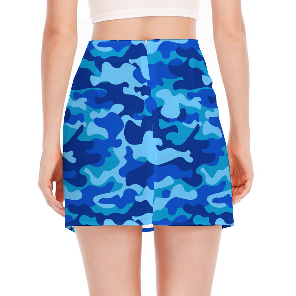 Blue Camouflage Print Side Slit Mini Skirt