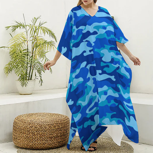 Blue Camouflage Print Silk V-Neck Kaftan Dress