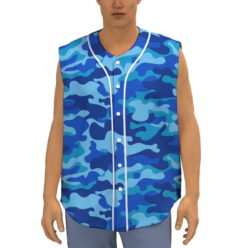 Blue Camouflage Print Sleeveless Baseball Jersey