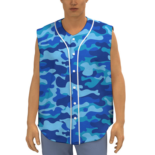 Blue Camouflage Print Sleeveless Baseball Jersey