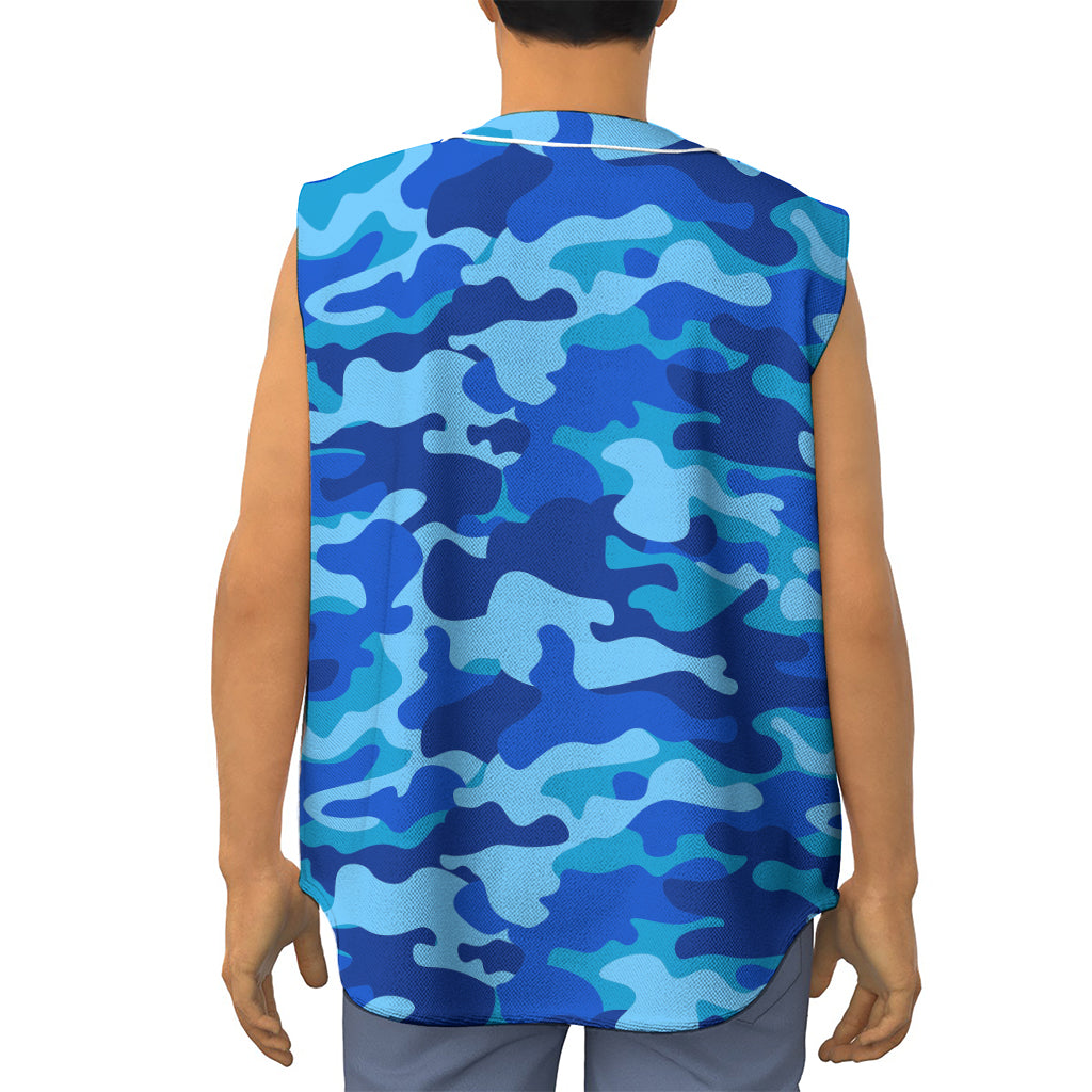 Blue Camouflage Print Sleeveless Baseball Jersey