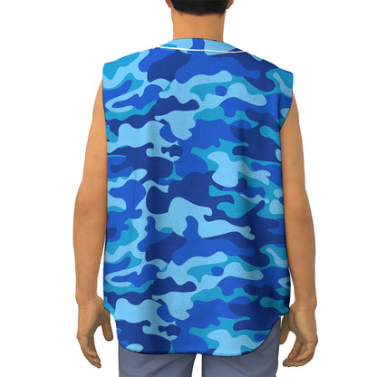 Blue Camouflage Print Sleeveless Baseball Jersey