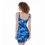 Blue Camouflage Print Sleeveless Bodycon Dress