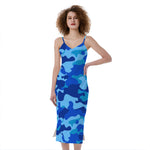 Blue Camouflage Print Slim Fit Midi Cami Dress