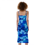 Blue Camouflage Print Slim Fit Midi Cami Dress