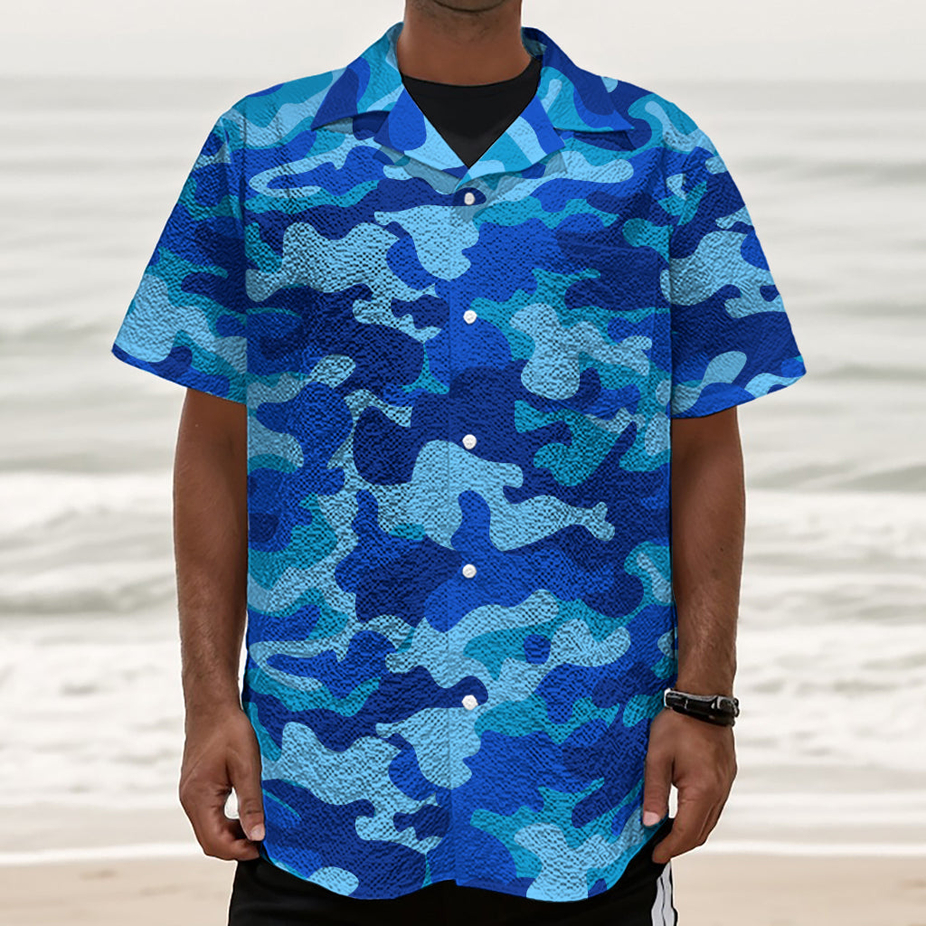 Blue Camouflage Print Textured Short Sleeve Shirt