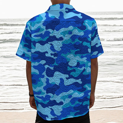 Blue Camouflage Print Textured Short Sleeve Shirt
