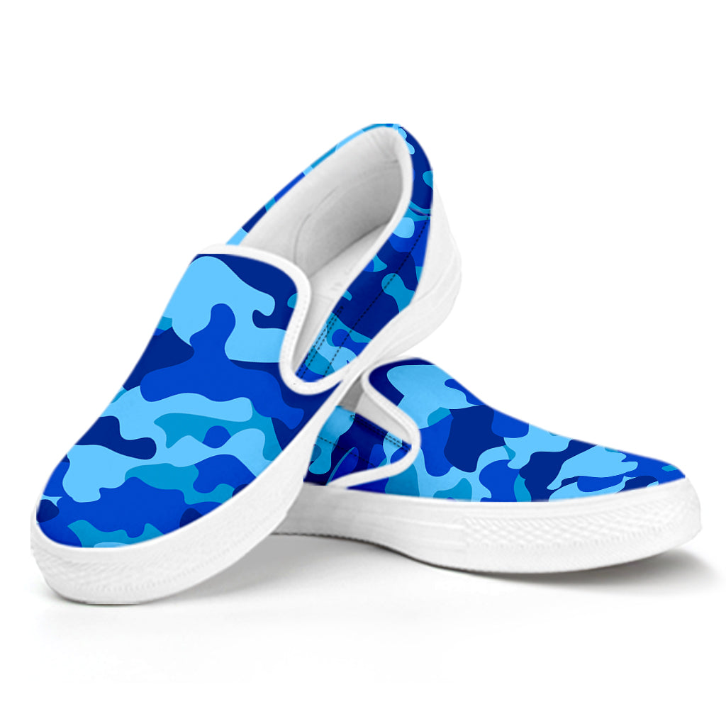 Blue Camouflage Print White Slip On Sneakers