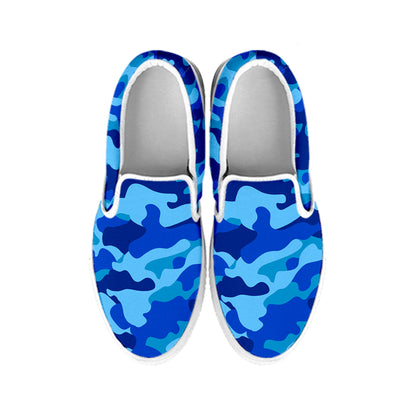 Blue Camouflage Print White Slip On Sneakers