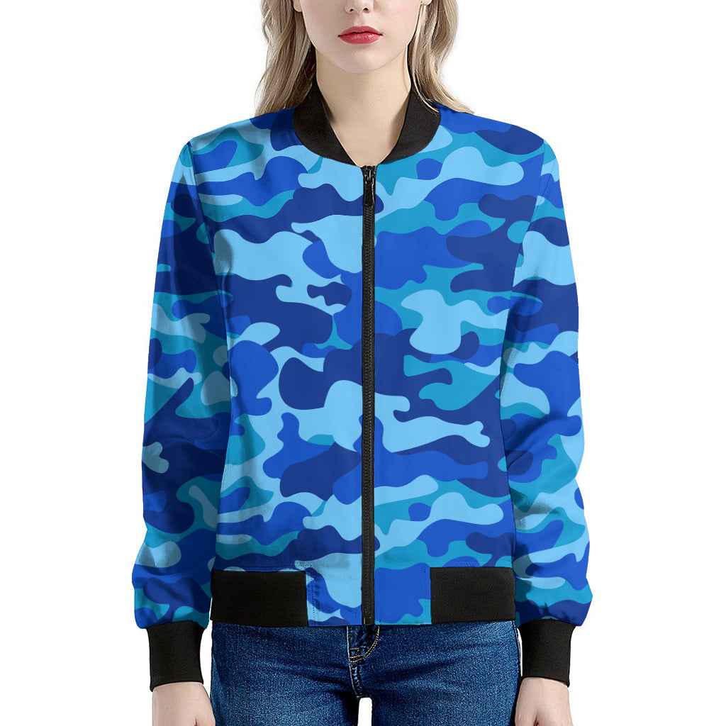 Blue Camouflage Print Women's Bomber Jacket