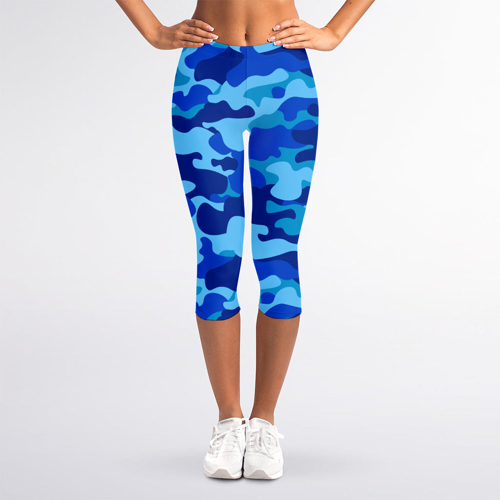 Blue Camouflage Print Women's Capri Leggings