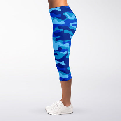 Blue Camouflage Print Women's Capri Leggings