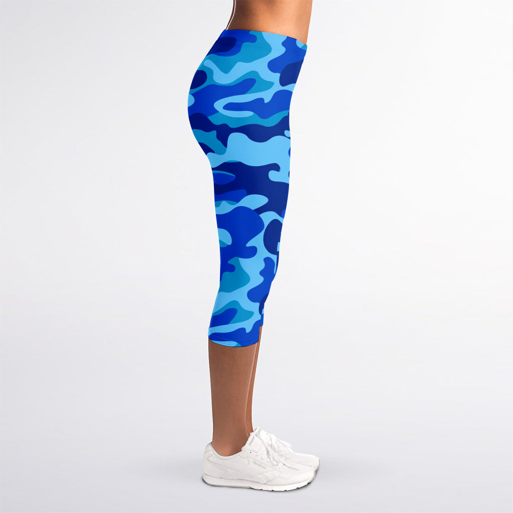 Blue Camouflage Print Women's Capri Leggings