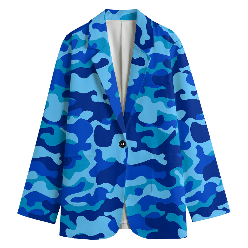 Blue Camouflage Print Women's Cotton Blazer