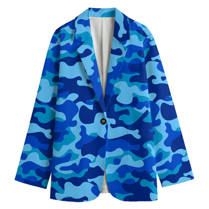 Blue Camouflage Print Women's Cotton Blazer