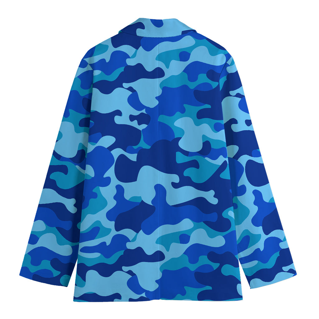 Blue Camouflage Print Women's Cotton Blazer