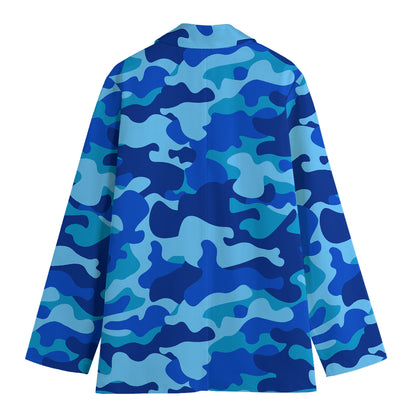 Blue Camouflage Print Women's Cotton Blazer
