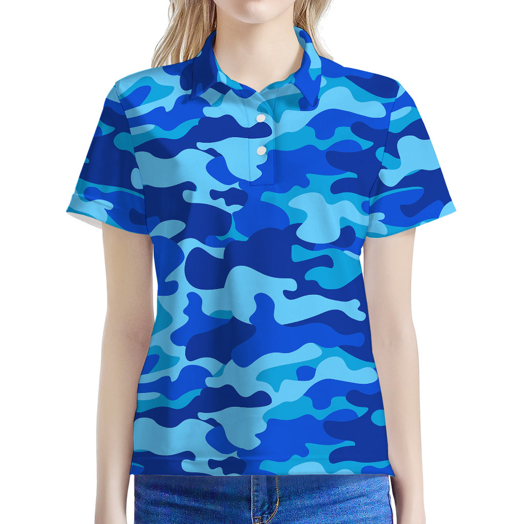 Blue Camouflage Print Women's Polo Shirt