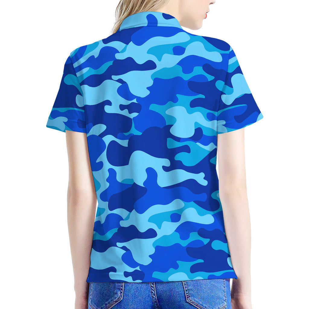 Blue Camouflage Print Women's Polo Shirt